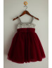 Grey Satin Red Tulle Beads Tutu Flower Girl Dress